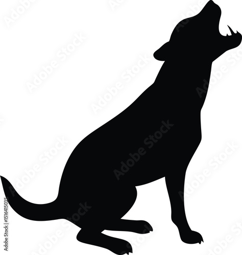 A black vector silhouette of a dog in barking action depicted on a white background ready for design usage.
