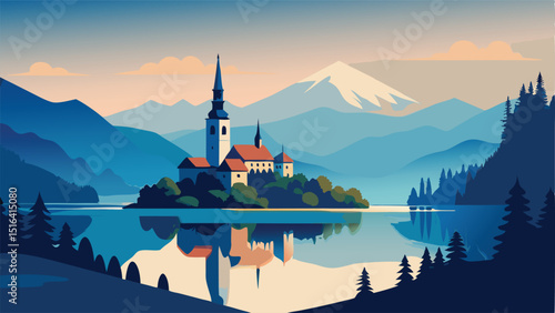 Lake bled slovenia travel destination scenic island illustration