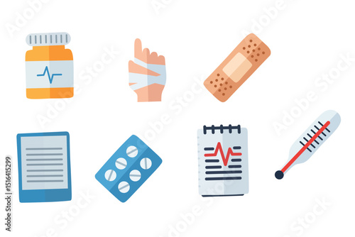 Flat medical icon set including pill bottle, bandaged hand, bandage, document, tablet pack, report, and thermometer. Great for health and clinical visuals