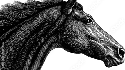 Detailed engraved horse illustration with black bold lines for artistic design
