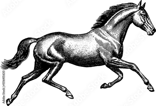 Engraved illustration of galloping horse with bold black lines for art and design