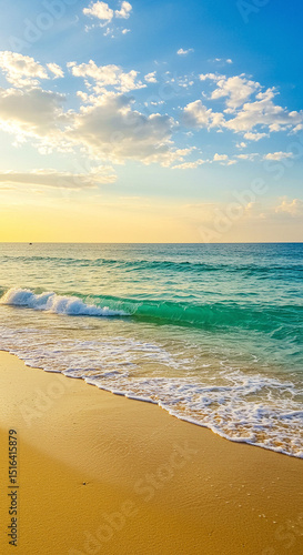 Waves Rolling onto Sandy Beach Under Bright Blue Sky
