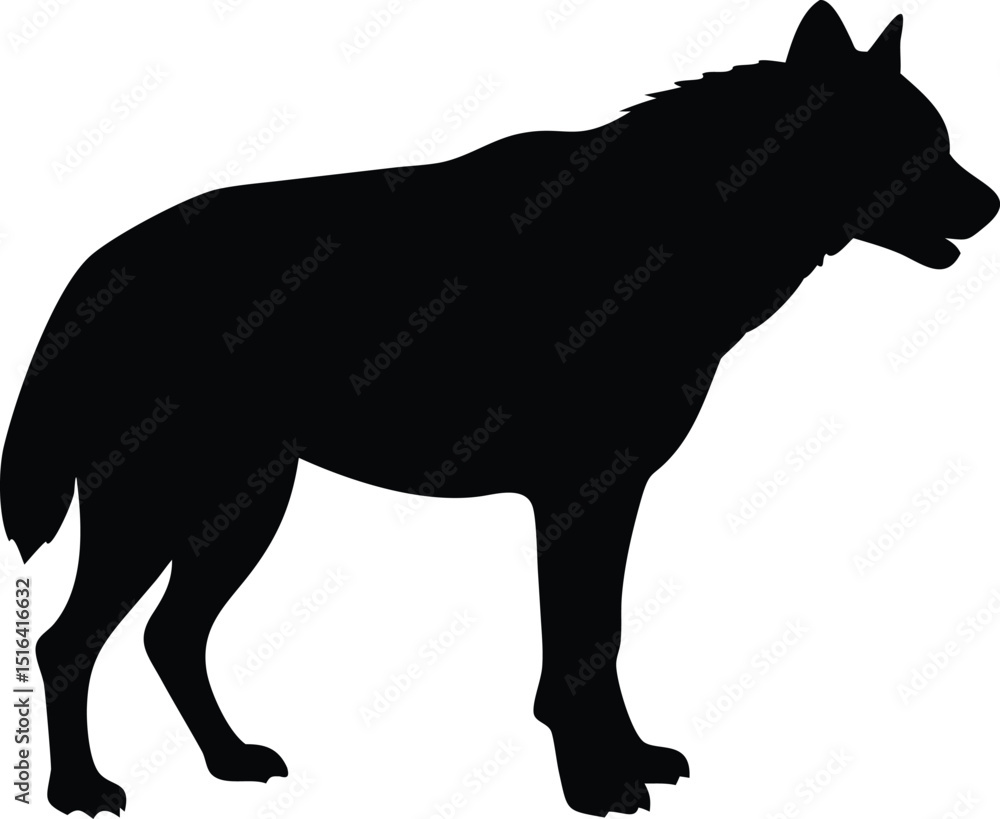 A striking black vector silhouette of a standing hyena designed with fine details and transparency A striking black vector silhouette of a standing hyena designed with fine details and transparency