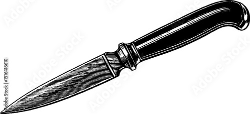 Detailed engraved illustration of knife with black bold lines for vintage design