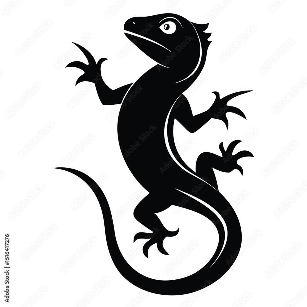 Naklejka premium Black and white stylized illustration of a lizard with detailed claws and curved tail on white background