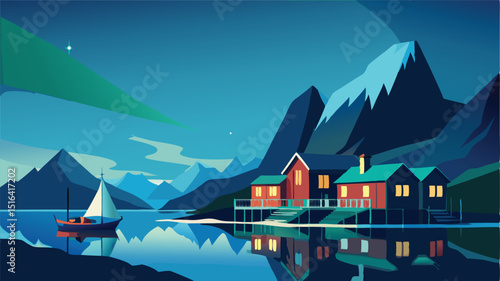 Landscape painting of norway mountains and fjords with aurora borealis