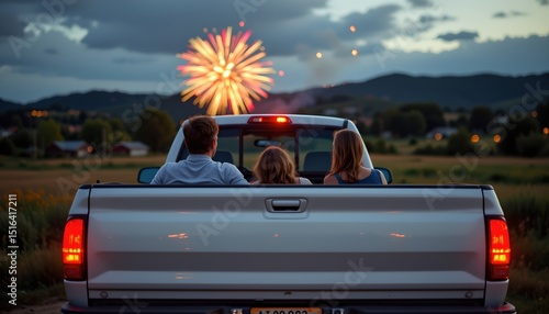 a family watching fireworks from the back of a pickup truck, cozy countryside setting