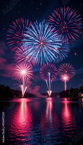 a night sky filled with red white and blue fireworks over a lake, reflection in the water
