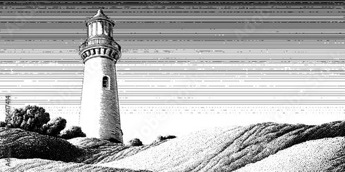 Engraved lighthouse illustration with black and white bold lines for nautical design