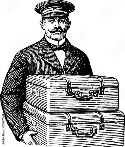 Vintage engraved illustration of a luggage handler in uniform – historical travel concept