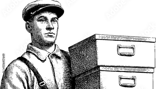 Detailed engraved illustration of a luggage handler in uniform