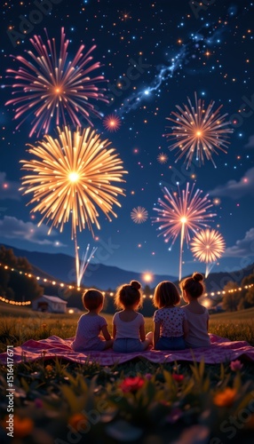 children sitting on a blanket watching fireworks under a starlit sky, dreamy aesthetic