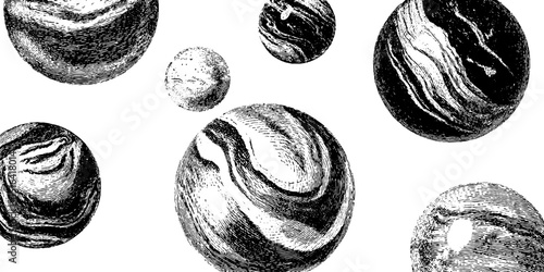 Intricate black and white engraved marble illustrations with bold lines for artistic design