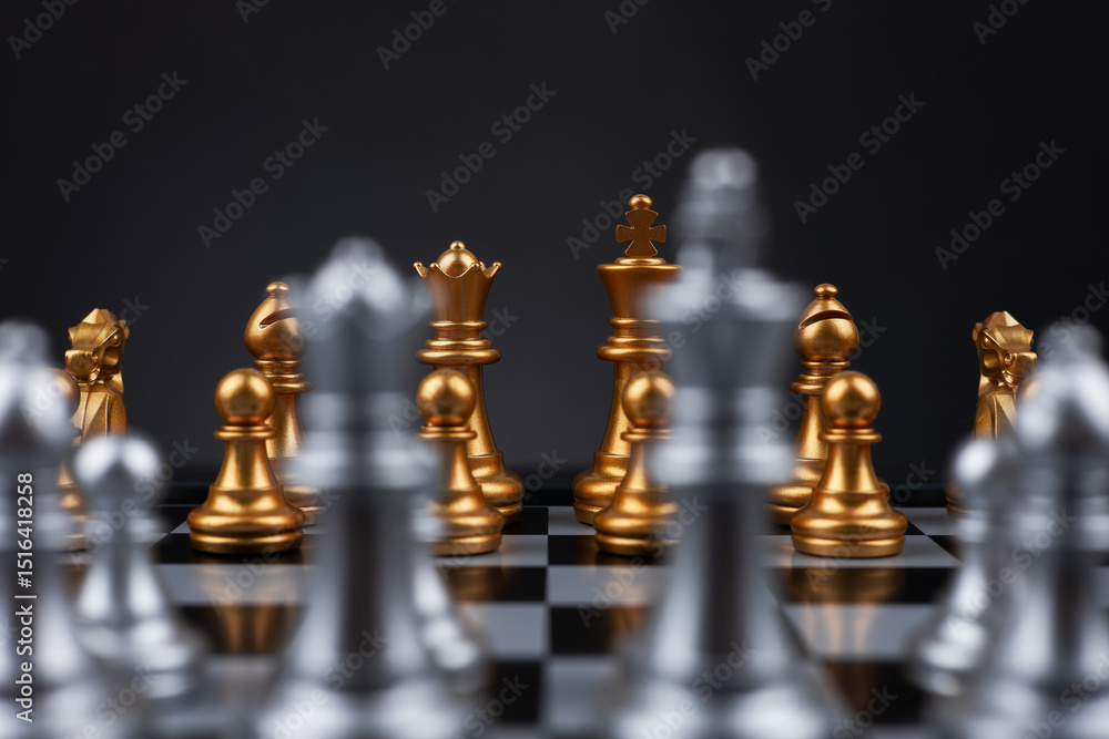 Golden and silver chess include king queen horse ship and pawn on dark background Golden and silver chess include king queen horse ship and pawn on dark background