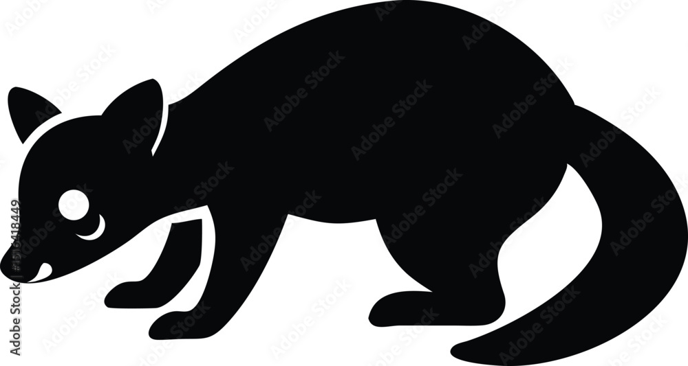 Obraz premium Black silhouette depicting a crouching raccoon vector design on white background for various creative projects