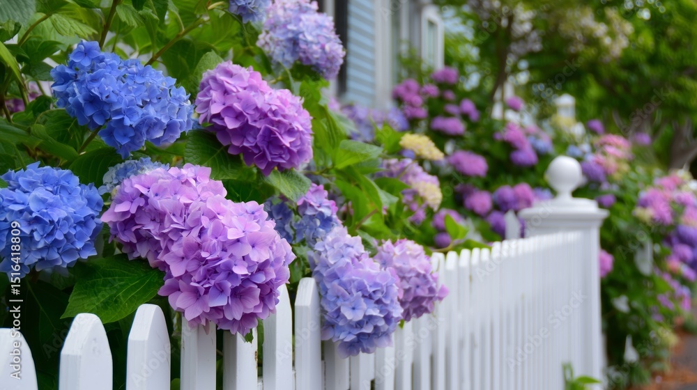 Fototapeta premium Beautiful hydrangeas blooming beside a white picket fence in a tranquil garden setting