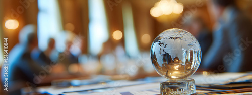 A crystal globe on a meeting table with blurred businesspeople in the background   -
