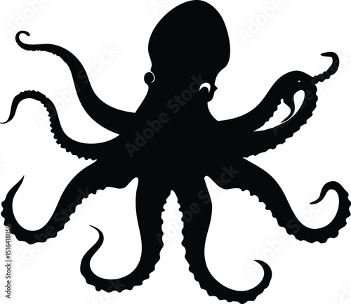 Black silhouette illustration of an octopus with tentacles spread out showing marine animal design in vector