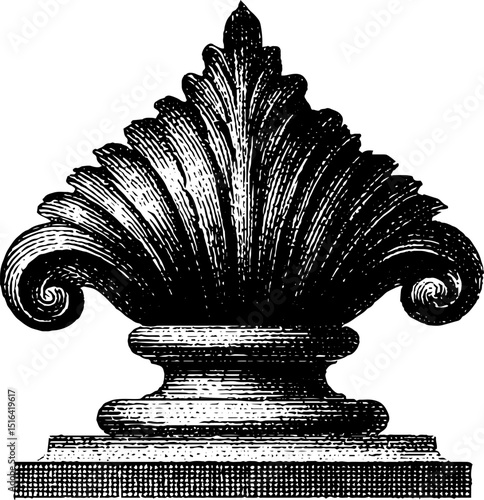 Intricate engraved illustration of ornate finial design for decorative art