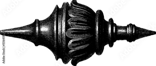 Intricate black engraving of ornate finial design for decorative art and architecture