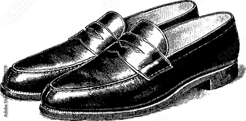 Engraved illustration of classic pair of black shoes for art and design