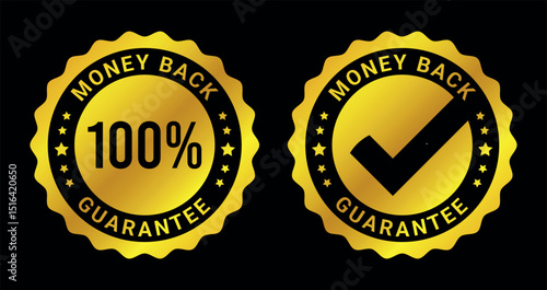 gold money back guarantee badge icons with 100 percent and check mark on black background	