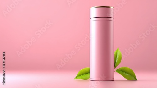 Wallpaper Mural Elegant Pink Thermos Bottle with Green Leaves on Soft Pink Background Torontodigital.ca