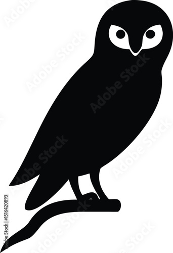 Black silhouette vector illustration featuring an owl perched calmly on a branch with a white background for various designs.