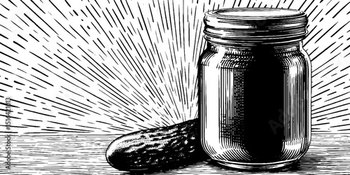 Vintage pickles jar and cucumber engraving for culinary and kitchen decor
