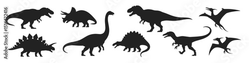 Collection of dinosaur silhouettes including T-Rex, Triceratops, Stegosaurus, Brachiosaurus, Velociraptor and Pterodactyl, vector illustration set.
