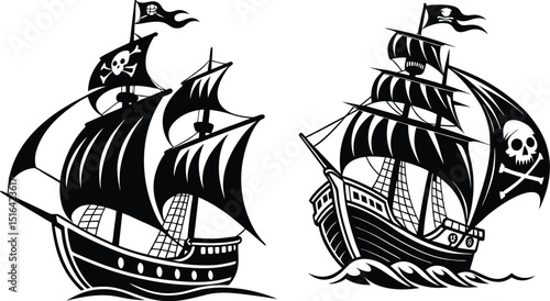 Ghostly Pirate Vector Art  Black Ship with Flaming Skulls  silhouette illustration