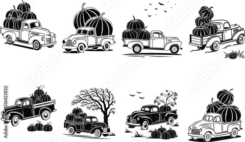 Retro truck with pumpkins Silhouette Vector