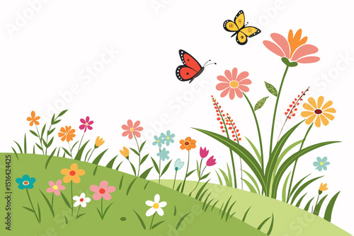 Colorful wildflowers and butterflies on green grassy hill in springtime