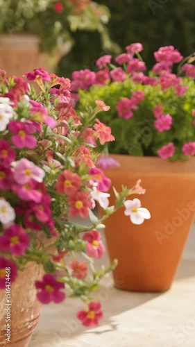 Wallpaper Mural Abundance of colorful Million Bells flowers spilling from a terracotta pot on a sunlit patio with salmon pink, white, and magenta petals. Torontodigital.ca