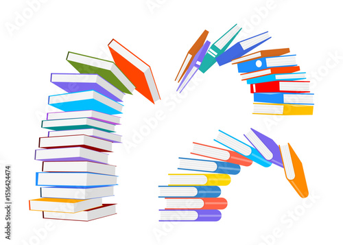 Set of Stack of Book Stack Toppling Over Set Collection, Student Stress: How Academic Pressure Leads to Burnout and Mental Fatigue Concept. Stress and Pressure Students Face in School or College.