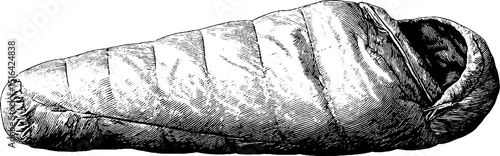 Engraved illustration of a sleeping bag with retro design for outdoor adventure
