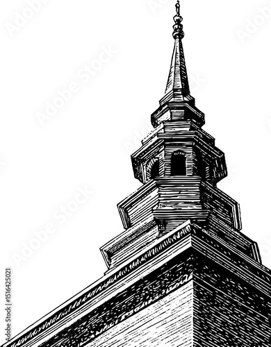 Intricate engraved spire illustration with bold black lines for architectural design and historical artwork