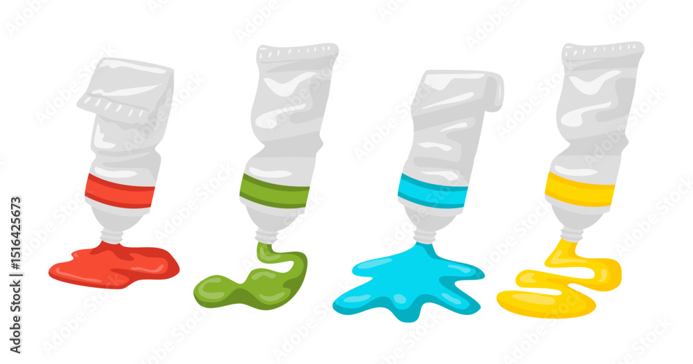 Obraz premium Set of Spilled Paint Tube Set Collection, Oil and Acrylic Paint Spill Accident: Artistic Mess, Dripping, and Flooding Tips for Painters. Drawing Burnout Concept Illustration.Spill Accident Causes Drip