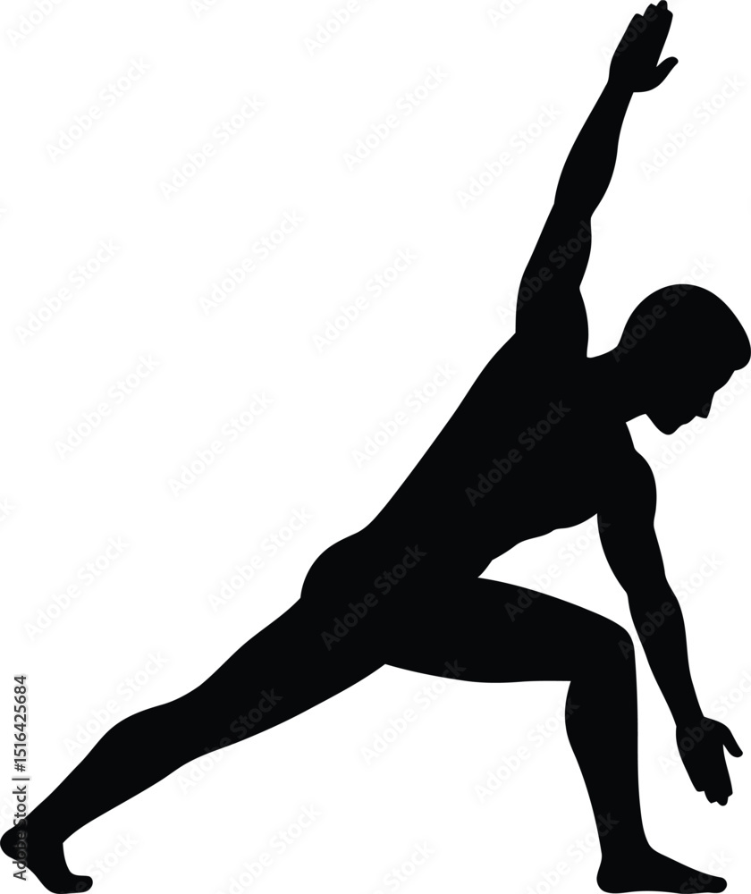 Fototapeta premium Silhouette of a male figure practicing yoga reaching upward in a deep lunge position against a white background