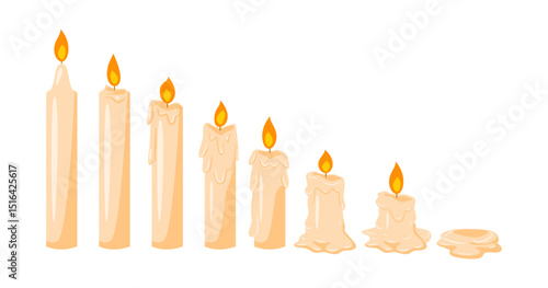 Set of Burning Candle Melting Process Set Collection, The Beauty of a Melting Candle: Glowing Flame, Aromatic Wax, and Relaxing Ambiance for Spa and Romance. Concept Illustration Flat Vector.