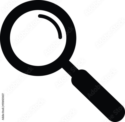 Simple black and white magnifying glass icon for search research and investigation purposes showing clear focus