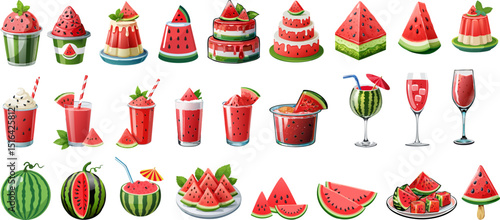 A collection of diverse watermelon dishes, including slices, desserts, and refreshing drinks, each radiating summery vibes. The vivid red and green colors create a visually enticing display.
