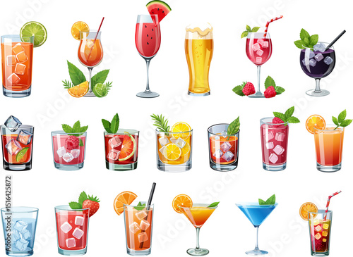 A vibrant collection of diverse drinks, including cocktails and refreshing fruit drinks as well as alcoholic beverages, beautifully arranged to catch the eye.  