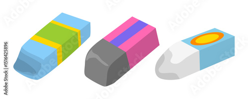 Set of Used Eraser Set Collection, The Essential Role of Erasers in Art, Education, and Mistake Correction for School and Drawing Burnout Concept Illustration. Flat Vector.