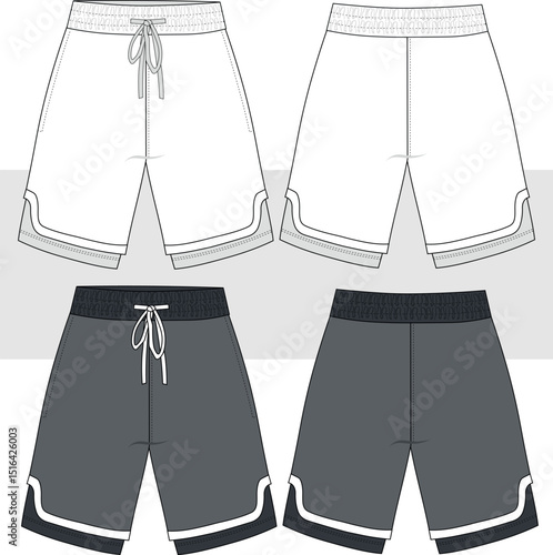 Men's inside boxer layer basketball running sport shorts, technical fashion drawing, illustration. Front and Back View. CAD, Mockup.