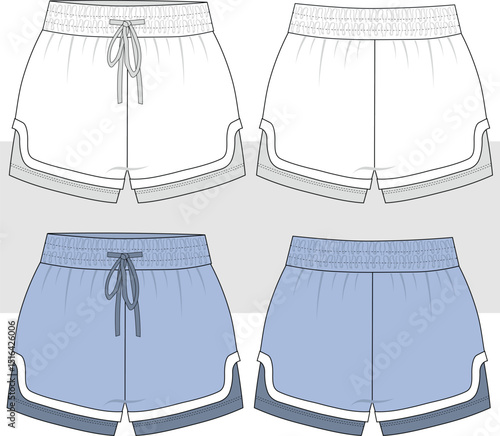 Women's inside boxer layer running sport shorts, technical fashion drawing, illustration. Front and Back View. CAD, Mockup.