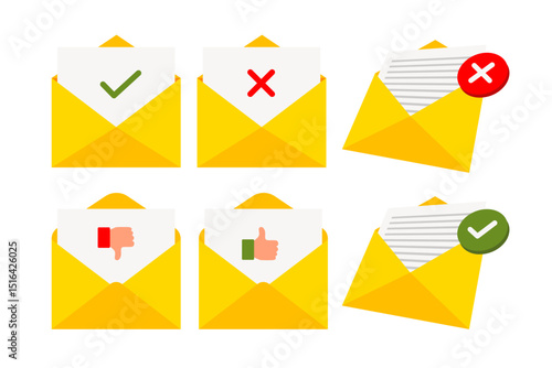 Set of Approve and Reject Emails Set Collection, A Verify, Confirm, and Validate Business Messages in Your Inbox. Concept Illustration Flat Vector. Checking Mail Envelope.
