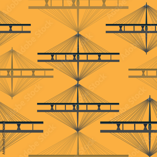 Seamless vector pattern with stylized cable-stayed bridges on a vivid orange background. Ideal for stationery, posters, wrapping paper, or decorative projects.
