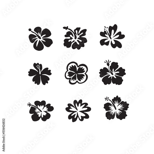 Hibiscus Flower Line Art Icons – Tropical Floral Vector Set