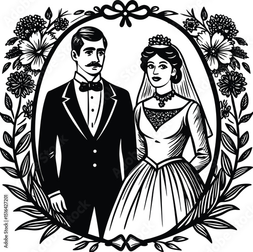 Romantic vintage wedding couple illustrations in detailed hand-drawn engraving style. Elegant black and white bride and groom artwork perfect for classical wedding invitations and timeless romantic.